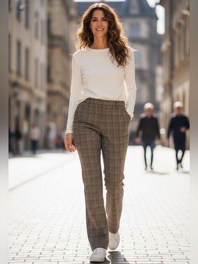 Y2K FOCUS 2000 BROWN WINDOW PANE CHECK FLARE STRETCH TROUSERS SZ 12P